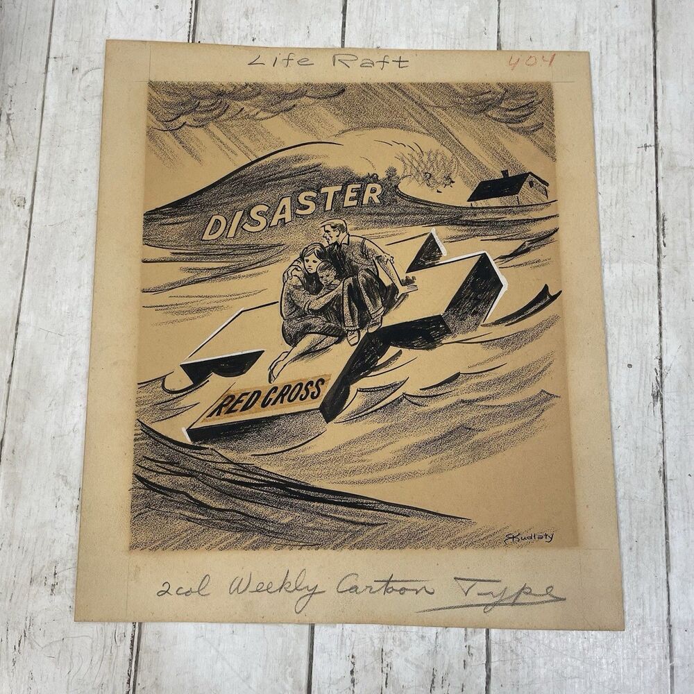 Original Ed Kudlaty Art Red Cross Disaster Life Raft Comic Editorial Cartoon